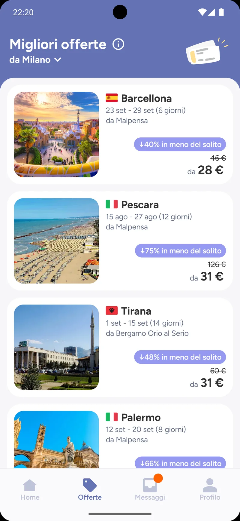 Best deals screen with price-drop badges on each destination