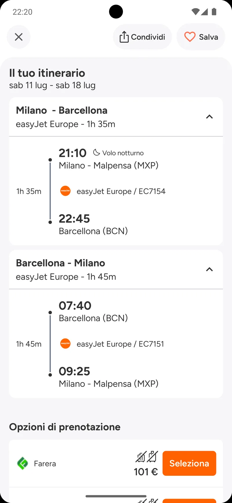 Flight itinerary detail with outbound, return, and booking options