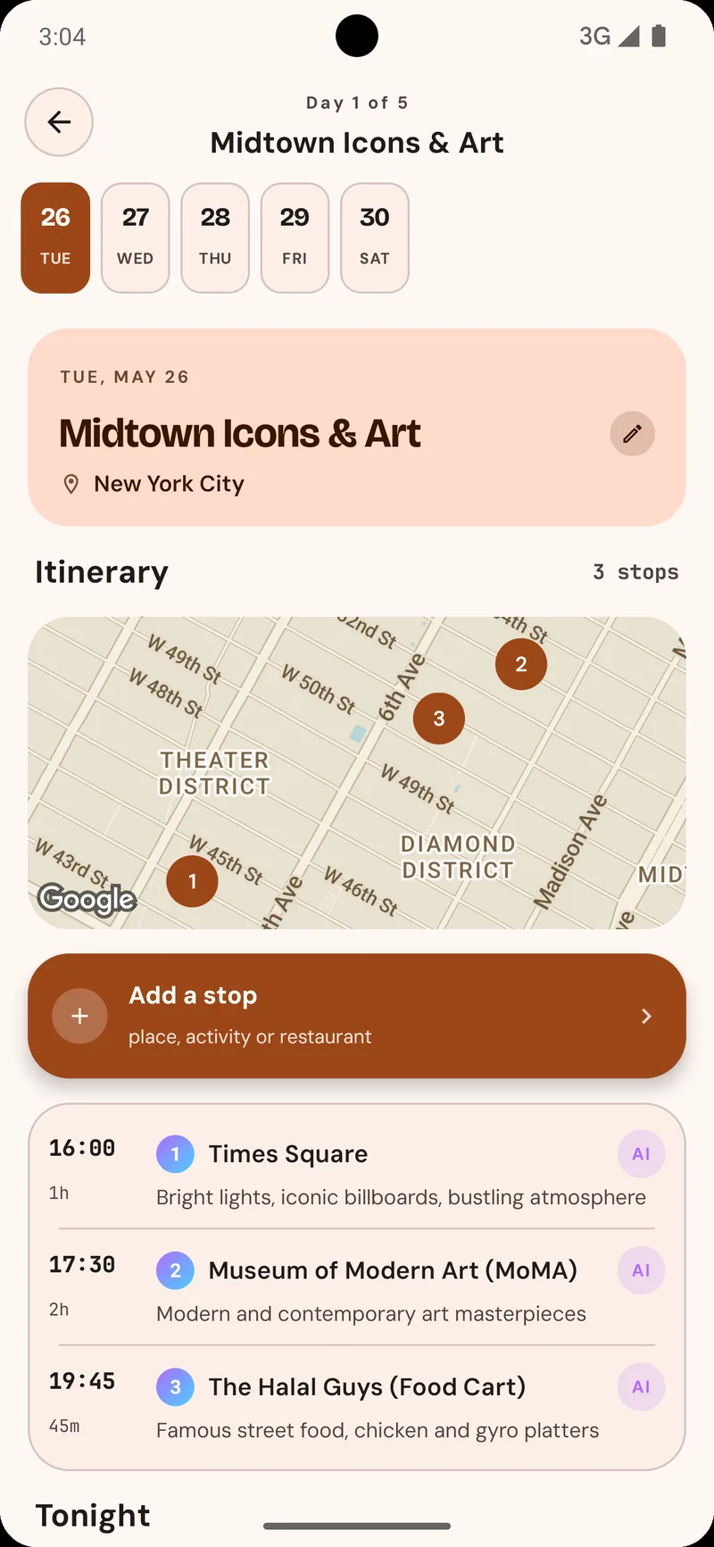 Single day plan with map and AI-suggested stops in New York