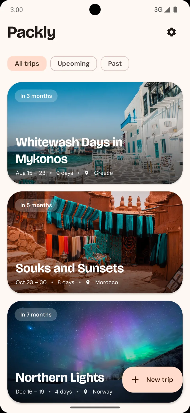 Packly home screen with upcoming trips