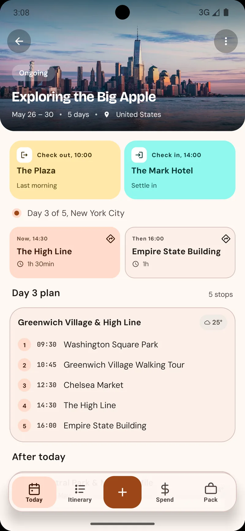 Today dashboard: hotel check-in and check-out, current and next stop, day plan