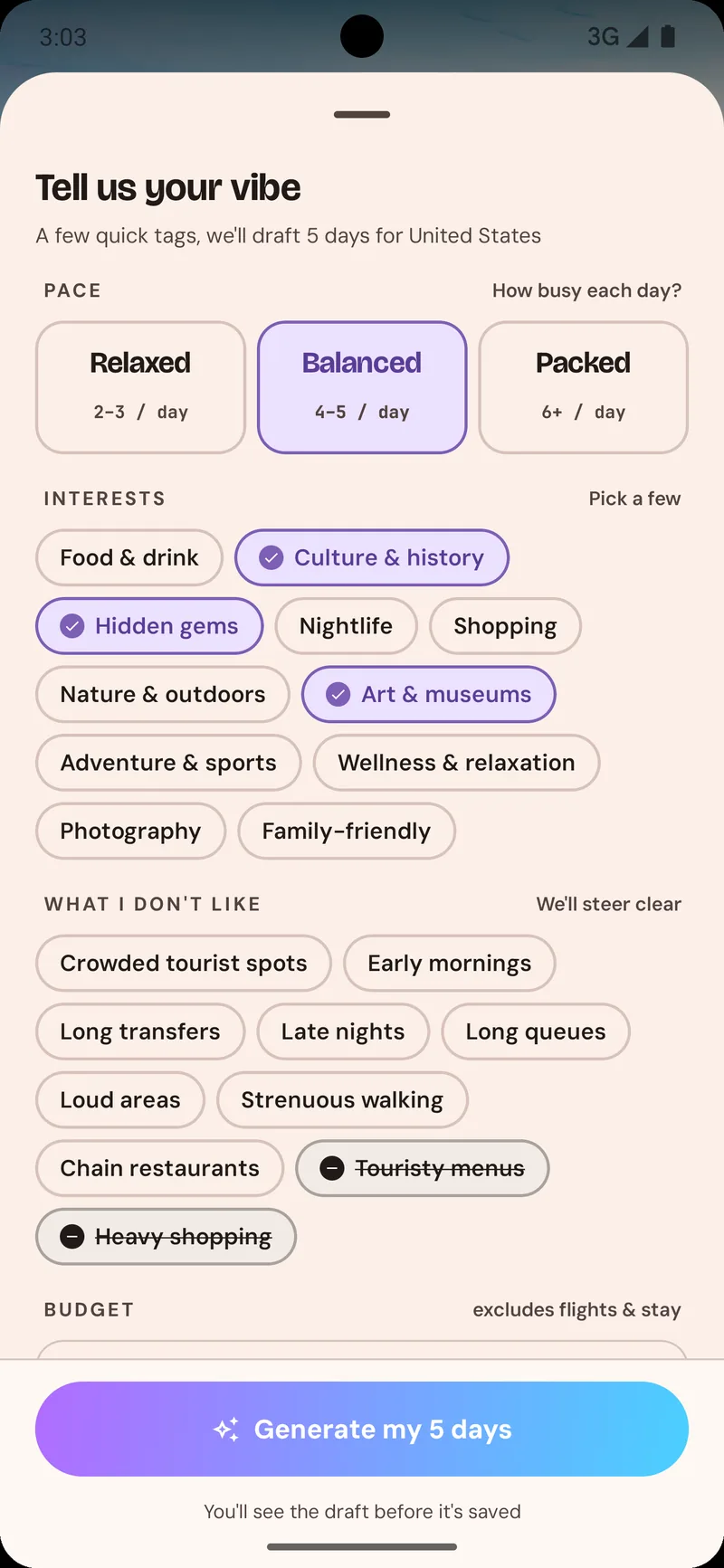 The "Tell us your vibe" form that drives AI itinerary generation: pace, interests, dislikes, budget