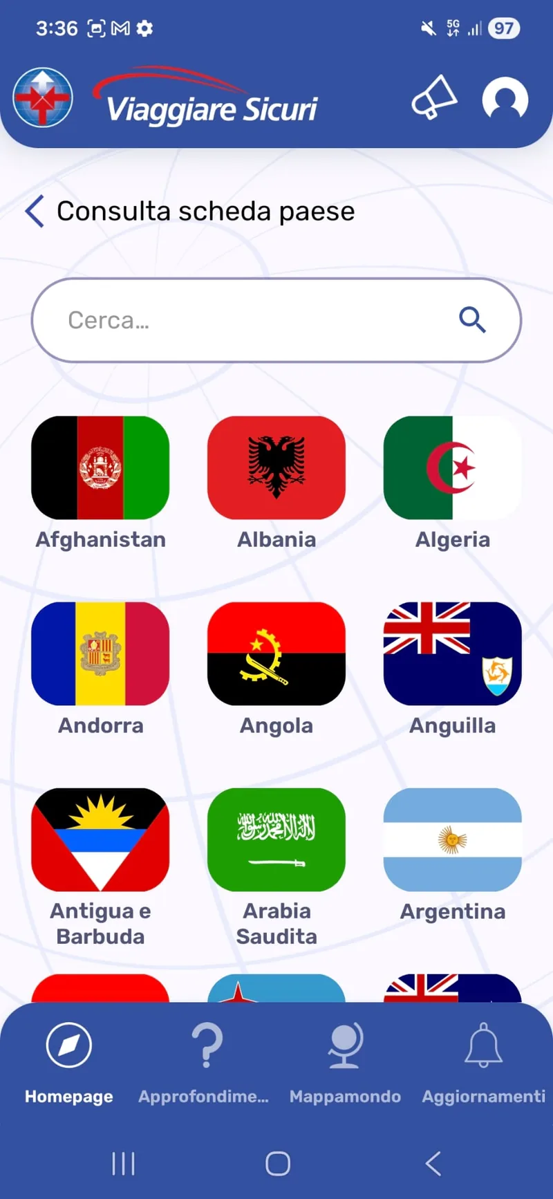 Searchable list of country factsheets with flags