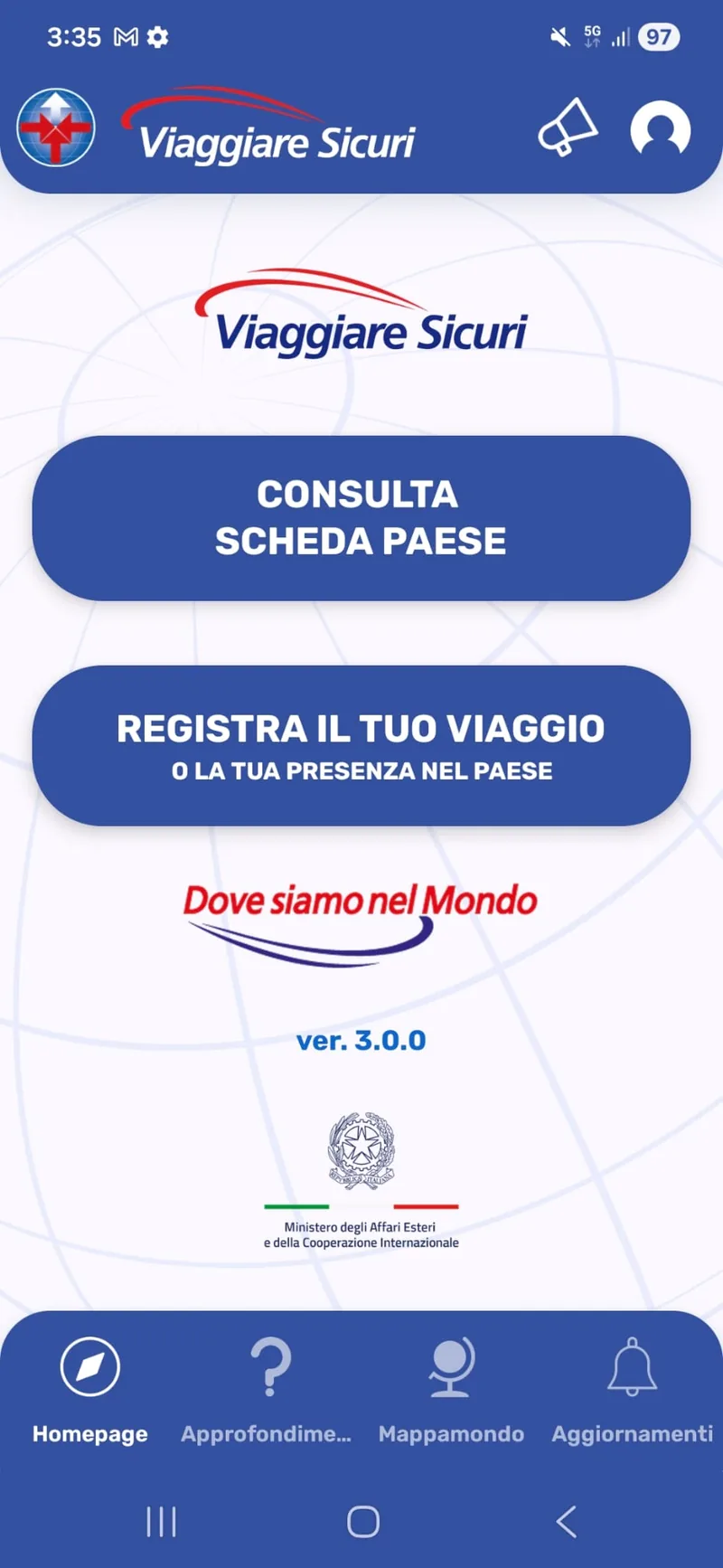 App home screen with access to country factsheets and trip registration