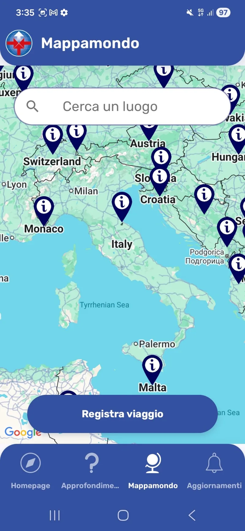 Interactive world map with information pins on each country